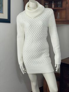 "Beautiful knit sweater dress in cream or black. Both are in excellent condition - no indication t either have ever been worn. No holes, snags, stains or pilling. Size M Chest: 17.5\" Shoulder: 16.5\" Sleeve: 25.5\" Length: 32\" See pictures" White Turtleneck Sweater Dress For Winter, White Textured Knit Fitted Sweater Dress, Cozy Fitted White Sweater Dress, Cream Fitted Cozy Sweater Dress, Fitted Cozy Cream Sweater Dress, Cozy Fitted Cream Sweater Dress, Fitted Cream Sweater Dress, Mini Sweater, Dress Cream