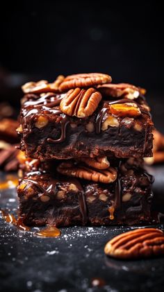 chocolate pecan brownies stacked on top of each other