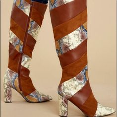 Brand New Multi Color Snakeskin Print High Heel Boots Chic Multicolor Boots For Fall, Multicolor Synthetic Boots For Fall, Brown Fringe Boots, Tan High Heels, Retro Heels, Taupe Heels, Black And White Heels, Open Toe Boots, High Heeled Boots