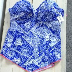 Blue And White With Pink Trim. Ruched At The Top. Arizona Jeans, Swim Top, Push Up, Womens Swim, Paisley, Swimming, Blue And White, Pink, Blue