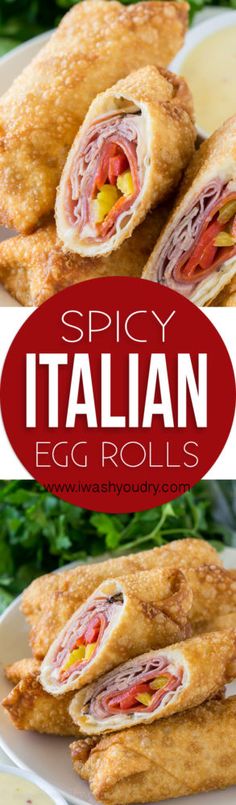 an egg roll is cut in half on a white plate with the words spicy italian egg rolls