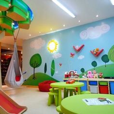 the children's playroom is decorated in bright colors