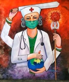 a painting of a doctor holding a globe and wearing a face mask while standing in front of a red background