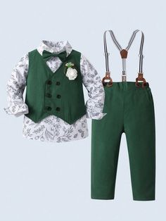 3pcs Gentleman Baby Boy Suit, Long Sleeve Shirt, Waistcoat And Pants, Fashionable And Handsome, Suitable For Birthday Party, Evening Party, Wedding And First Birthday Green Elegant  Long Sleeve Fabric Floral,Plants  Non-Stretch  Baby Boys Clothing, size features are:Bust: ,Length: ,Sleeve Length: Gentleman Suit, Vest And Pants, Long Sleeve Denim Jacket, Shirt Vest, Single Button Blazer, Slim Fit Top, Elegant Dresses Long