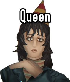 a woman wearing a party hat with the words queen above her head in front of her face