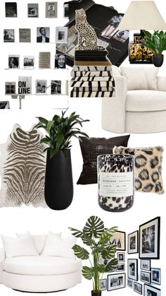 a collage of black and white photos, pictures, and furniture with text overlaying the image