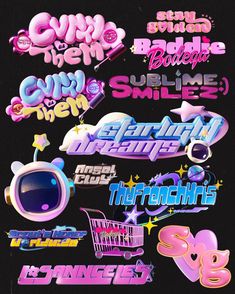 some type of graffiti stickers on a black background with pink and purple colors in the middle