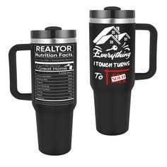 a black travel mug with the words realtor on it and instructions for how to use it