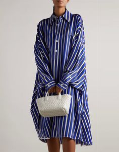 Blue Heavy Organza Silk Maxi Dress Oversized Striped Spring Dresses, Oversized Blue Midi Dress, Elegant Oversized Blue Dress, Oversized Blue Midi Dress For Spring, Oversized Blue Dresses For Vacation, Chic Oversized Blue Dresses, Blue Long Sleeve Midi Dress For Daywear, Chic Royal Blue Long Sleeve Midi Dress, Button Down Shirt Dress Outfit