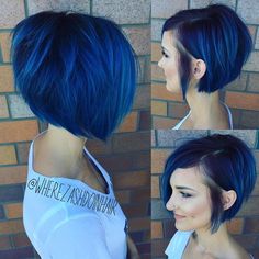 This pretty lady got a super textured undercut asymmetrical bob to transition out of having a shaved side! ✂️ More Graduated Bob Hairstyles, Kort Bob, Graduated Bob Haircuts, Asymmetrical Bob Haircuts, Cute Short Haircuts, Penteado Cabelo Curto, Hair Color Blue, Short Hair Cuts For Women