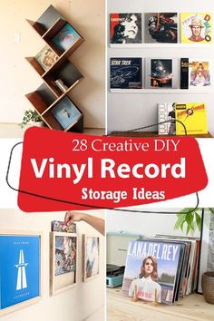 there are many pictures on the wall with words above them that read 28 creative diy vinyl record storage ideas