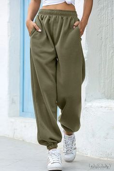 Lasaky - Olive High Waist Relaxed Jogger Pants Celana Kargo, Plain Pants, Sweatpants With Pockets, Simple Tees, Green Pants, Loose Pants, Mongolia, Jogger Sweatpants, High Waisted Trousers