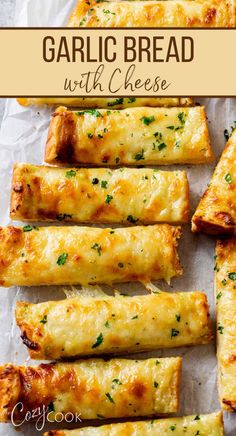 garlic bread with cheese on top and the title above it reads garlic bread with cheese