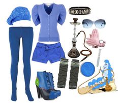 a woman's outfit and accessories are arranged in the shape of an avatar, including blue