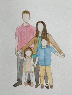 a watercolor drawing of a family holding hands