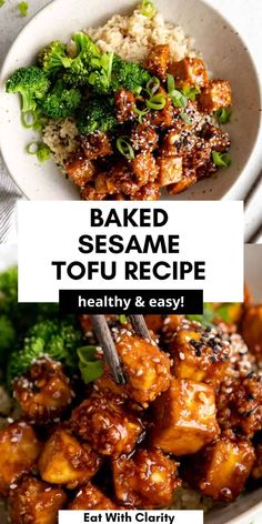 baked sesame tofu recipe in a bowl with broccoli and cauliflower