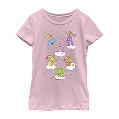 Give your little or big girl a sweet style to wear every day with this Care Bears graphic t-shirt. Crafted from soft cotton-knit, this tee has a crew neckline and short sleeves. Style it with jeans or shorts. Character: Care BearsClosure Type: Pullover HeadFit: Regular FitNeckline: Crew NeckSleeve Length: Short SleeveFiber Content: 100% CottonFabric Description: KnitCare: Tumble Dry, Machine WashCountry of Origin: Imported Playful Cotton T-shirt For Sleepovers, Cute Pink T-shirt For Sleepover, Cute Character Print Tops For Sleepovers, Cute Graphic Print T-shirt For Sleepover, Short Sleeve Letter Print Tops For Sleepover, Casual Short Sleeve T-shirt For Sleepover, Care Bears Star, Tenderheart Bear, Funshine Bear