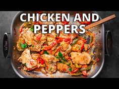 chicken and peppers in a skillet with the words chicken and peppers above it on a black background