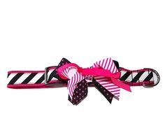 a pink and black striped bow with polka dots on the bottom is attached to a dog collar