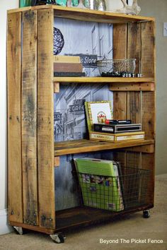 a wooden book shelf with baskets and books on top