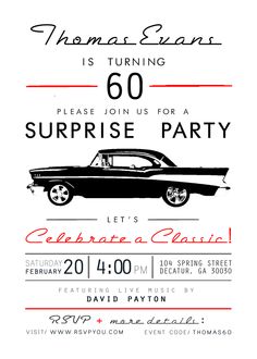 a black and white poster with an old car in the background, says surprise party