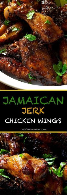 jamaican deep fried chicken wings with garnishes on top and in the background