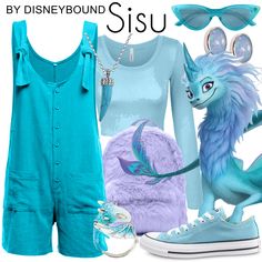 an image of a woman in blue outfit and shoes with text that reads, by disney bound sisu