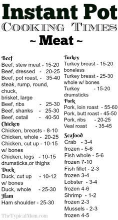 the instructions for instant pot cooking times are shown in black and white, with an image of