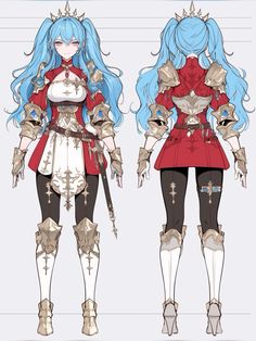 an anime character with long blue hair wearing armor and holding her hands on her hips