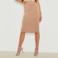 Boohoo Basics Bodycon High Waisted Jersey Midi Skirt Camel Us 4 Casual Stretch Beige Pencil Skirt, Casual Beige Stretch Pencil Skirt, Fitted Brown Pencil Skirt For Summer, Tan Midi Skirt, Midi Skater Skirt, Faux Leather Midi Skirt, Bodycon Midi Skirt, White Denim Skirt, Trendy Skirts