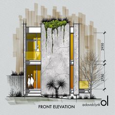 an architectural drawing shows the front elevation of a building with plants growing out of it