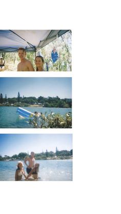 three pictures of people sitting under a tent by the water and one is holding a frisbee