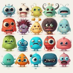 an assortment of cartoon monsters with big eyes and mouths, all in different colors or sizes