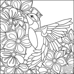 a bird sitting on top of flowers in the middle of a black and white coloring page