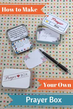 four small tins with writing on them and the text how to make your own prayer box