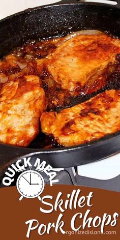 pork chops cooking in a skillet on the stove with text overlay that reads quick and easy skillet pork chops