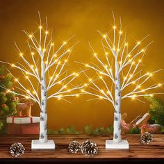 three white lighted trees with pine cones in front of an orange background