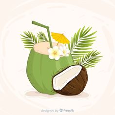 a green coconut drink with flowers and an umbrella on the top is surrounded by palm leaves