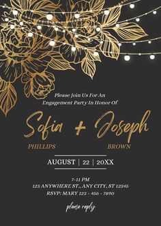 an elegant wedding card with gold flowers and lights on the dark background, says seka + deseph