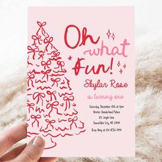 Oh What Fun Birthday Party Pink Red Christmas Tree Bow Birthday Party Coquette Bow Holiday Party Winter Floral Birthday Party, Christmas Birthday Party Invitations, Pink Christmas Invitation, Oh What Fun It Is To Be One Birthday, Pink Red Christmas Tree, Christmas Birthday Theme, Pink Red Christmas, Pink Christmas Party, Cowgirl Birthday Party Invitations