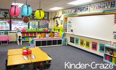 a classroom with tables, chairs and decorations