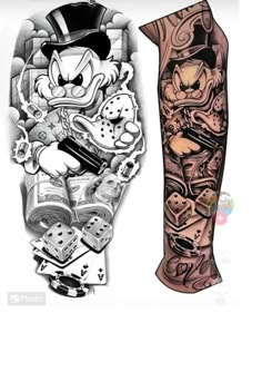 some tattoos that are on the side of a person's leg and one has an image of mickey mouse