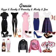 there are many different types of clothes and shoes on this page with the caption grease rigs sandy & anarchy & mary & jean