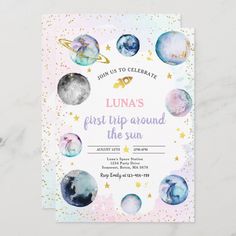 a pink and blue birthday party card with planets on the front, stars in the background