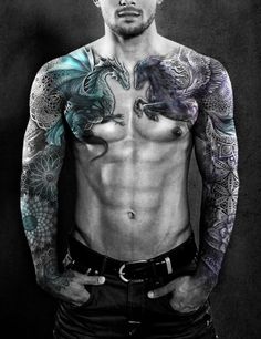 a shirtless man with tattoos on his chest and arms is standing in front of a black background