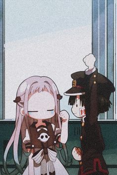 two anime characters standing next to each other in front of a window, one with long white hair