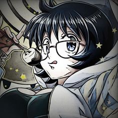 an anime character with black hair wearing glasses and holding a cell phone to her ear