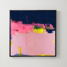 an abstract painting with pink, yellow and blue colors