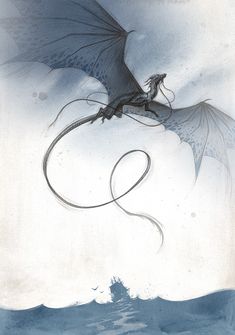 a drawing of a dragon flying over the ocean