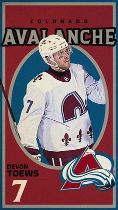 a hockey card with a player holding a stick in front of the caption that reads, colorado avalanche 7 devon toews